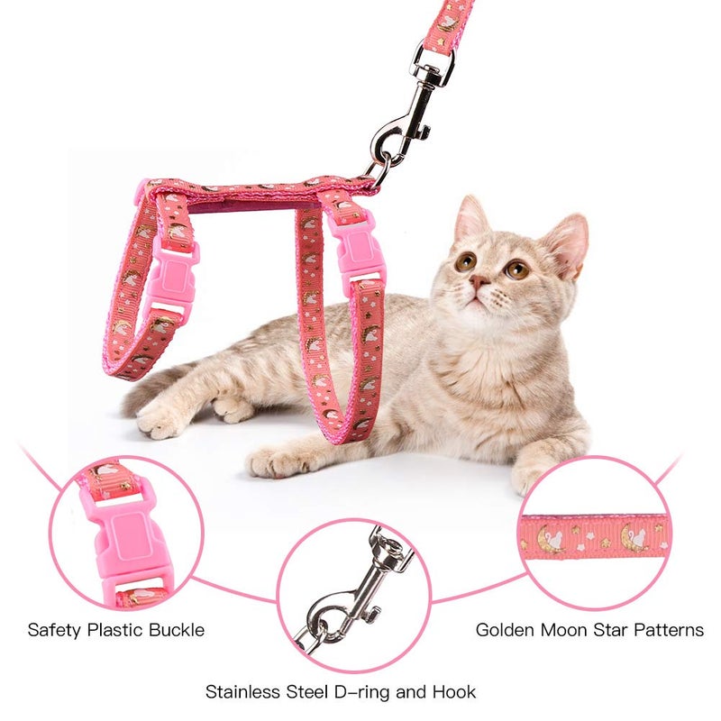 Baeuppit Cat Harness and Leash Set Gold Moons Stars Soft Nylon Escape Proof Adjustable for Kittens Small Animals Glow in The Dark (Pink) - Image 2